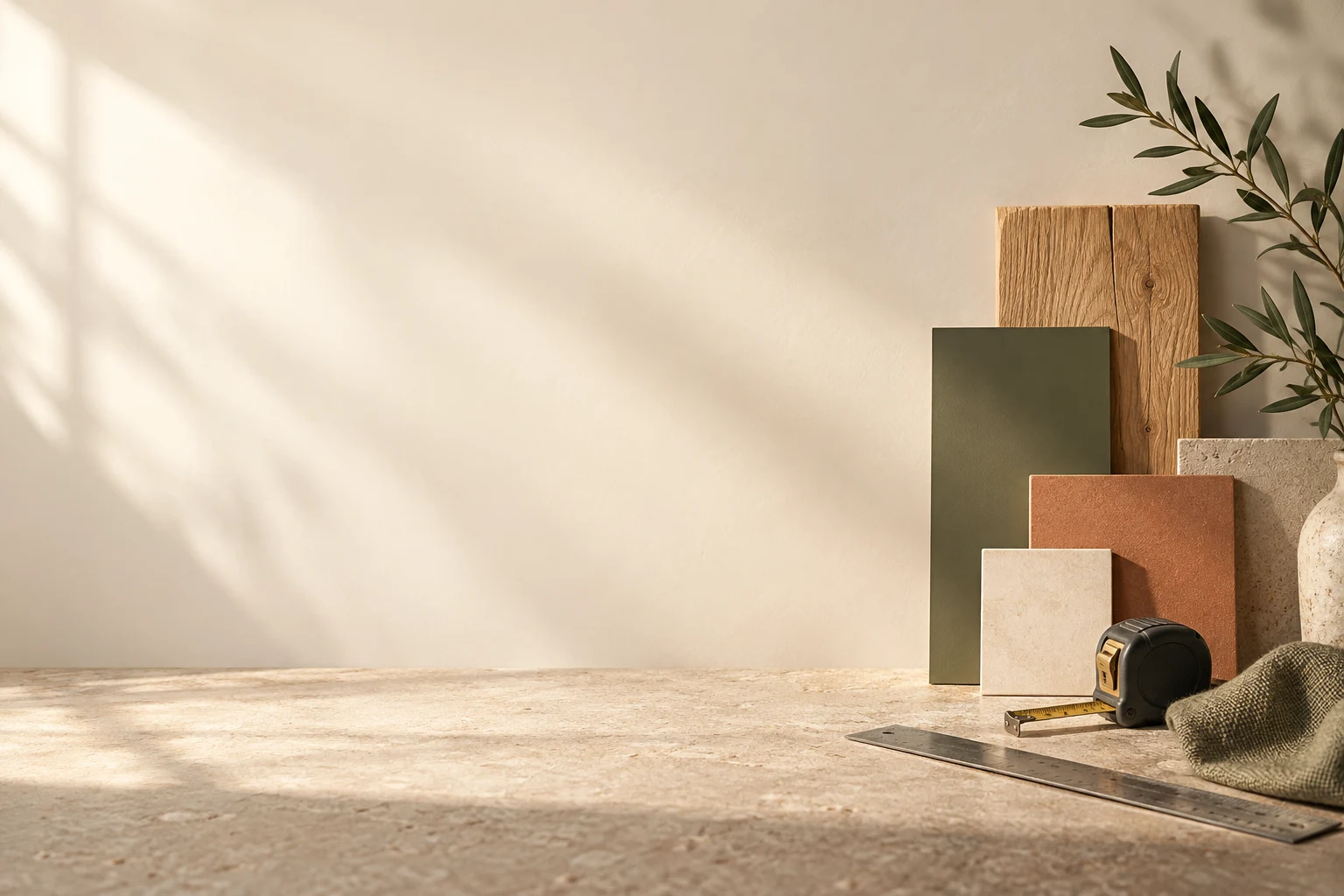 Natural material samples and a tape measure