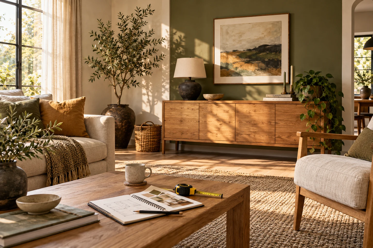 An olive living room with oak furniture and natural materials